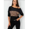 Kadın Kadife Kumaş Leopar Desenli Omuz Detay Uzun Kollu Bluz