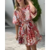 Kadın Kısa Balon Kollu Yuvarlak Yakalı Pileli Desenli Mini Elbise
