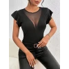 Kadın Kısa Fırfırlı Kol Yuvarlak Yakalı Transparan Detaylı Viskon Bluz