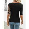 Kadın Kısa Kollu Asimetrik Kesim V Detaylı Leopar Desenli Viskon Bluz
