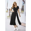 Kadın Kısa Kollu Asimetrik Yakalı Düğme Detaylı Midi Viskon Elbise