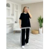 Kadın Kısa Kollu Bisiklet Yaka Çift Renk Şerit Detaylı Viskon Iki Iplik Bluz Ve Pantolon İkili Takım