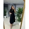 Kadın Kısa Kollu Bisiklet Yaka Fiyonk Broşlu Midi Janjan Krep Elbise