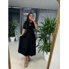 Kadın Kısa Kollu Bisiklet Yaka Fiyonk Broşlu Midi Janjan Krep Elbise