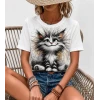 Kadın Kısa Kollu Bisiklet Yaka Kedi Baskılı Süprem Bluz