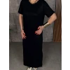 Kadın Kısa Kollu Bisiklet Yaka Yırtmaçlı Viskon Iki Iplik Elbise