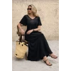 Kadın Kısa Kollu Dantel Güpür Detay V Yaka Maxi Boy Elbise