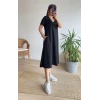Kadın Kısa Kollu V Yaka Cepli A Kesim Detaylı Viskon Elbise
