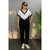 Kadın Kısa Kollu V Yakalı Çift Renkli Viskon Iki Iplik İkili Bluz Ve Pantolon Takım