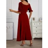 Kadın Kısa Kollu V Yakalı Önden Büzgüü Uzun İthal Krep Elbise