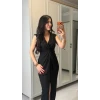Kadın Kısa Kollu V Yakalı Önü Sarmal Detaylı Yırtmaçlı Sandy Midi Elbise