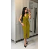 Kadın Kısa Kollu V Yakalı Önü Sarmal Detaylı Yırtmaçlı Sandy Midi Elbise