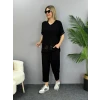Kadın Kısa Kollu V Yakalı Pul Payetli Viskon Iki Iplik Bluz Ve Pantolon İkili Takım