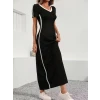 Kadın Kısa Kollu V Yakalı Yan Şerit Detaylı Viskon Uzun Elbise