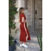 Kadın Kısa Kollu V Yakalı Yandan Şerit Ve Yırtmaçlı Viskon Uzun Elbise