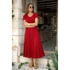 Kadın Kısa Kollu V Yakalı Yırtmaçlı Midi Viskon Elbise