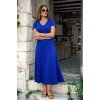 Kadın Kısa Kollu V Yakalı Yırtmaçlı Midi Viskon Elbise