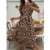 Kadın Kısa Kollu Yakalı Belden Kuşaklı Leopar Desenli Midi Süprem Elbise