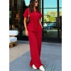 Kadın Kısa Kollu Yakalı Önden Düğmeli Belden Bağcıklı Aerobin Bluz Ve Pantolon İkili Takım