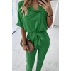 Kadın Kısa Kollu Yakalı Önden Düğmeli Bürümcük Bluz Ve Pantolon İkili Takım