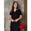 Kadın Kısa Kollu Yakalı Yırtmaçlı Midi Viskon Iki Iplik Elbise