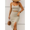 Kadın Kolsuz Askılı Crop Yırtmaçlı Midi Etek Fitilli Kaşkorse Takım