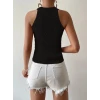 Kadın Kolsuz Halter Yaka Mini Baklava Desenli Triko Bluz