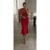 Kadın Kolsuz Omuzlardan Taş Şerit Detaylı Midi Janjan Krep Elbise