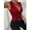 Kadın Kolsuz Tül Yuvarlak Yakalı Derin V Dekolteli Simli Bluz