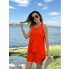 Kadın Kolsuz V Yaka Kuş Gözü Detay Bluz Short Aerobin İkili Takım