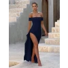 Kadın Madonna Yaka Pileli Derin Yırtmaçlı Uzun İthal Krep Elbise