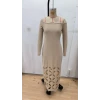 Kadın Madonna Yaka Uzun Kollu Lazer Çiçek Kesim Detaylı Uzun İthal Krep Elbise