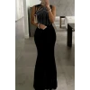 Kadın Omuz Çoklu Askılı Önü Taş İşlemeli Balık Kesim Janjan Krep Maxi Boy Elbise