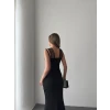 Kadın Omuz Çoklu Askılı Önü Taş İşlemeli Balık Kesim Janjan Krep Maxi Boy Elbise