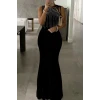 Kadın Omuz Çoklu Askılı Önü Taş İşlemeli Balık Kesim Janjan Krep Maxi Boy Elbise