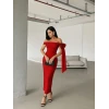 Kadın Omuz Dekolte Kurdele Detay Uzun Krep Elbise