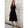 Kadın Omuzlardan Açık Yakadan Halka Aksesuar Detaylı Dantel Midi Viskon Elbise