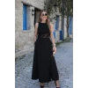 Kadın Omuzlardan Açık Yakası Açık Beli Dantelli Yırtmaçlı Uzun Janjan Krep Elbise