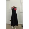 Kadın Önden Çapraz Şerit Geçme Detaylı Blok Desenli Kiloş Midi Dalgıç Elbise