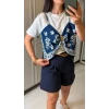 Kadın Şal Desen Detay Bluz Ve Keten Şort İkili Takım