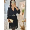 Kadın Şifon Kumaş Astalı Kloş Kesim Kruvaze Yaka Midi Boy Elbise