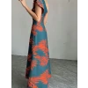 Kadın Tek Omuzlardan Açık Yırtmaçlı Uzun Desenli Elbise