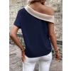 Kadın Tek Omuzu Açık Asimetrik Yaka Detaylı Çift Renkli İthal Krep Bluz