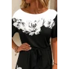 Kadın Tek Omuzu Açık Çiçek Desenli Beli Kuşaklı Iki Iplik Mini Short Tulum