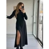 Kadın Uzun Kollu Balıkçı Yaka Derin Yırtmaç Detay Krep Elbise 120 Cm