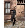 Kadın Uzun Kollu Balıkçı Yaka Derin Yırtmaç Detay Krep Elbise