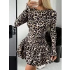 Kadın Uzun Kollu Balıkçı Yaka Fırfırlı Leopar Desenli Modal Elbise