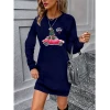 Kadın Uzun Kollu Bisiklet Yaka Desenli Viskon Iki Iplik Elbise