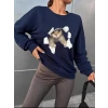 Kadın Uzun Kollu Bisiklet Yaka Kedi Desenli Viskon Iki Iplik Bluz