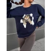 Kadın Uzun Kollu Bisiklet Yaka Kedi Desenli Viskon Iki Iplik Bluz